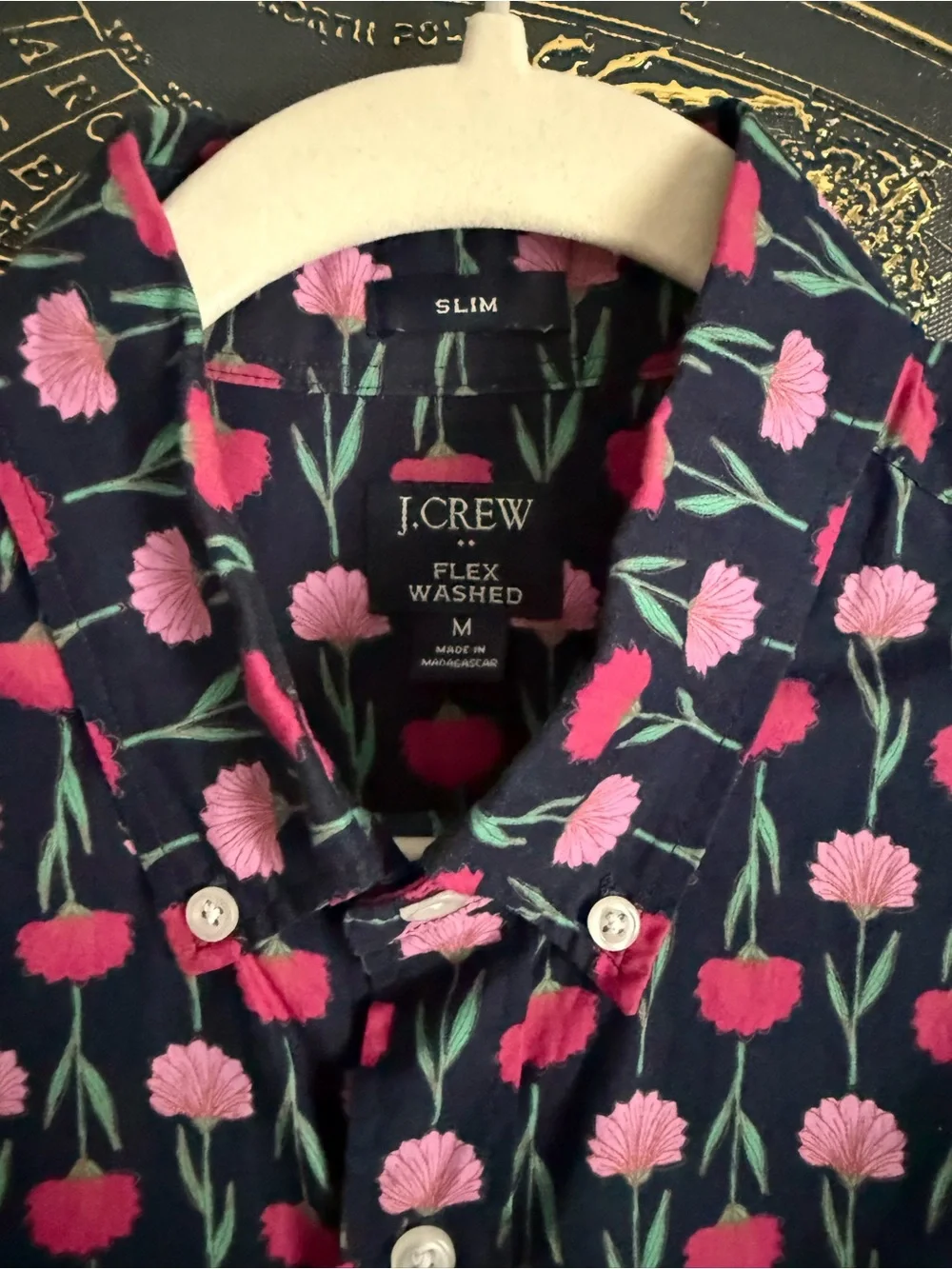 J. Crew Navy Short-Sleeve Button-Down with Pink Floral Print